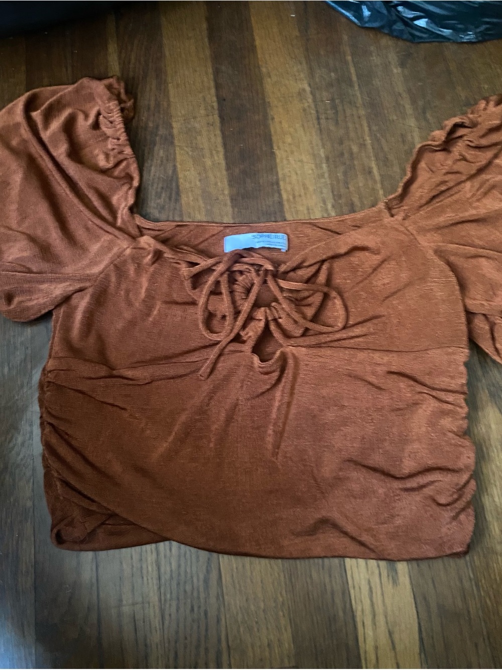 Sophie Rue Rust Brown Lace-Up Puff Sleeve Crop Top